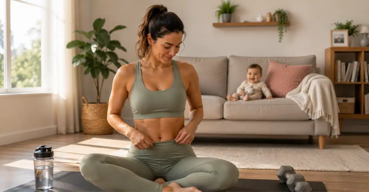 Woman exercising at home for healthy weight loss after pregnancy