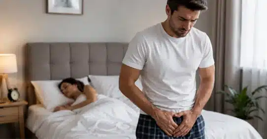 Man experiencing an erection beside partner in bedroom