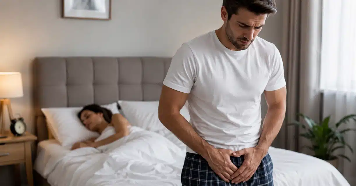 Man experiencing an erection beside partner in bedroom