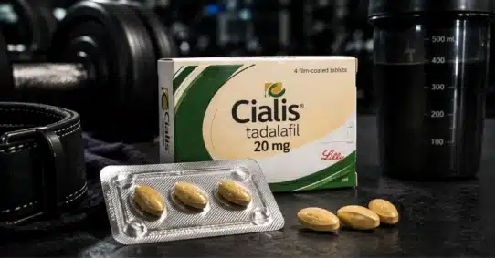 Cialis 20 mg tablets displayed beside bodybuilding equipment