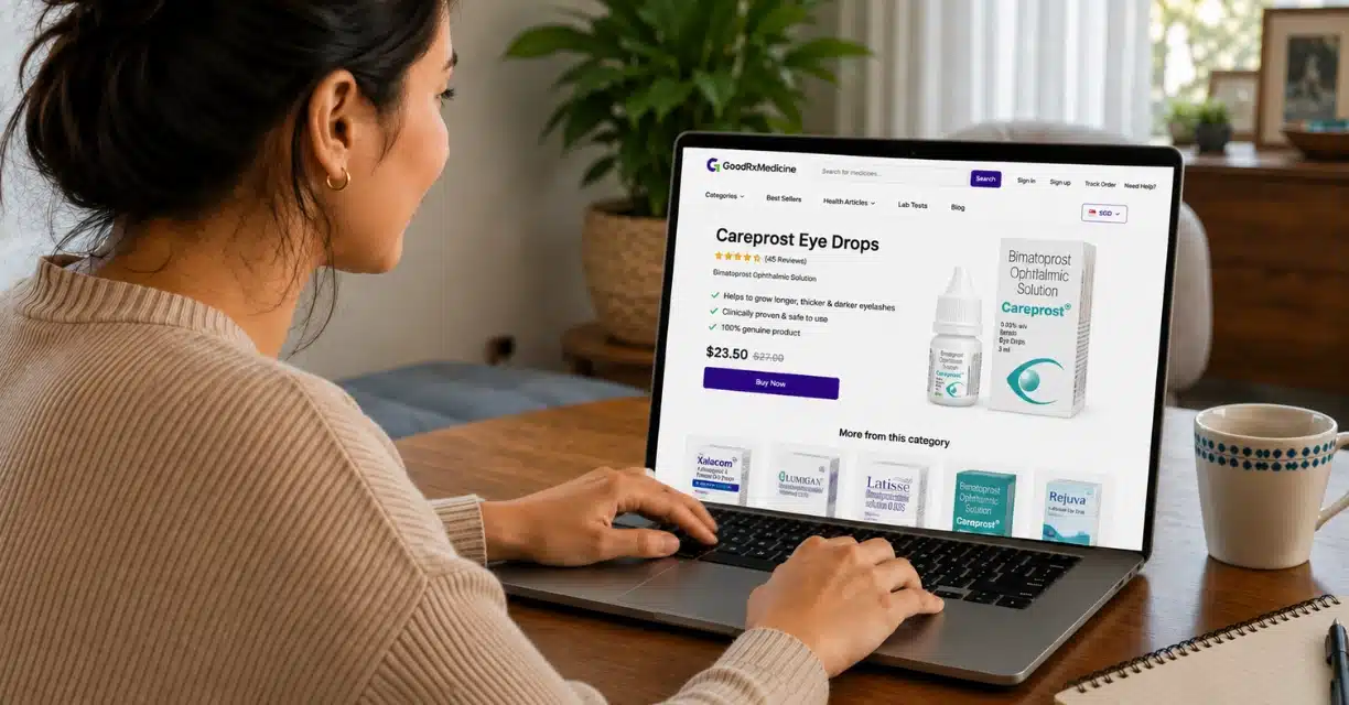 Woman shopping online for genuine Careprost eye drops