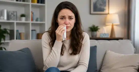 Woman with watery eyes and runny nose holding tissue