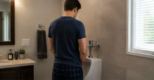 Man urinating as morning erection begins to subside