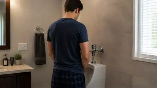 Man urinating as morning erection begins to subside