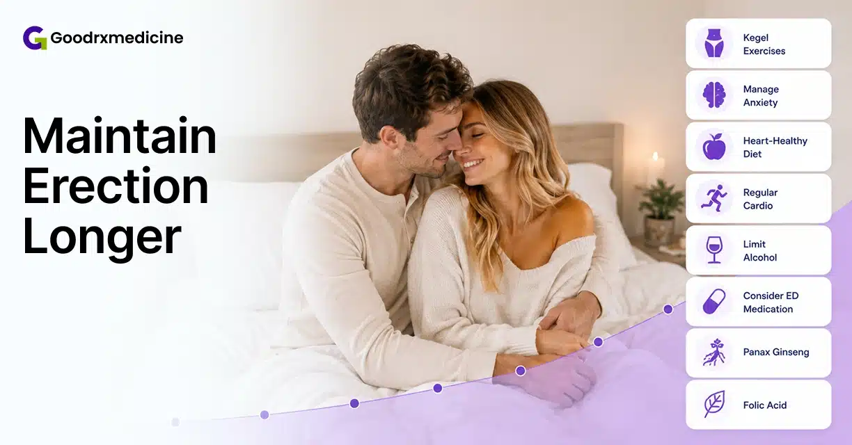 Couple sitting closely on bed with tips for maintaining an erection longer