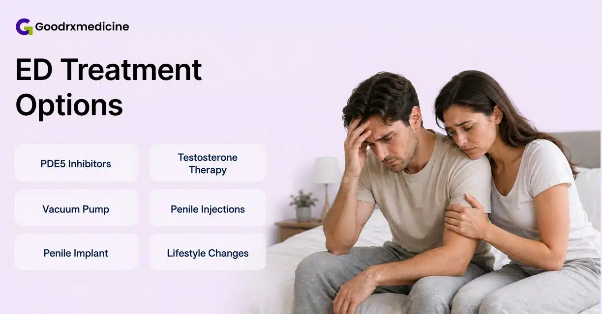 Couple discussing erectile dysfunction treatment options including pills and vacuum pump