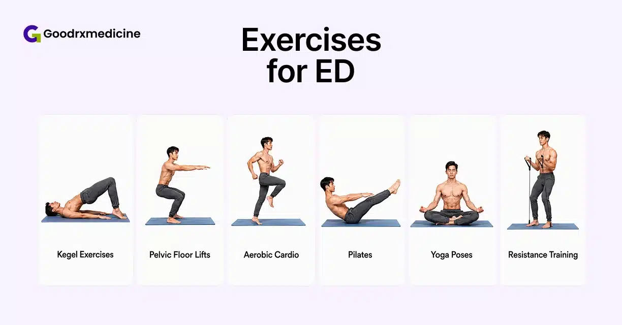 Kegel, pelvic floor, cardio, Pilates, yoga and resistance exercises for erectile dysfunction