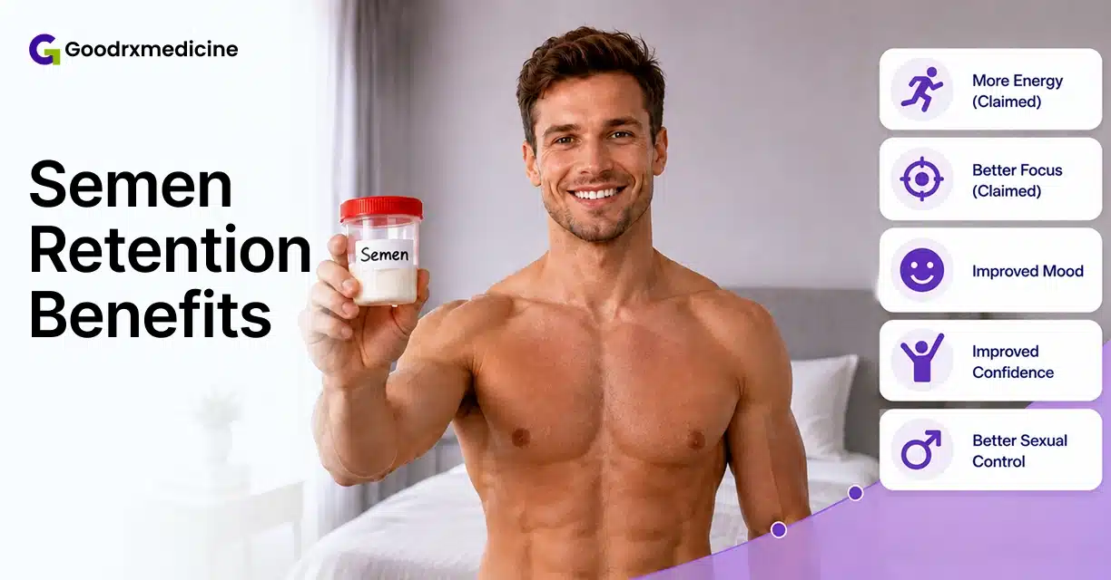 Shirtless man holding a Semen supplement bottle with semen retention benefits