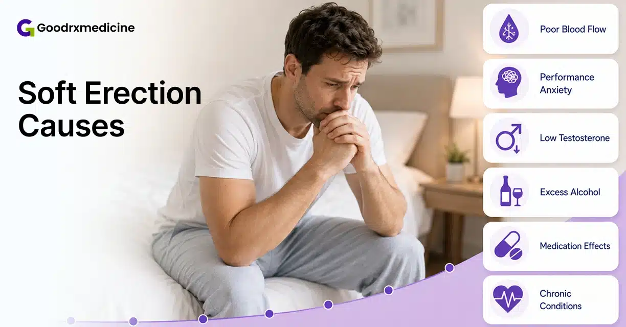 Worried man sitting on bed with common causes of soft erections