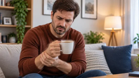 Man experiencing hand shaking while holding a cup of coffee