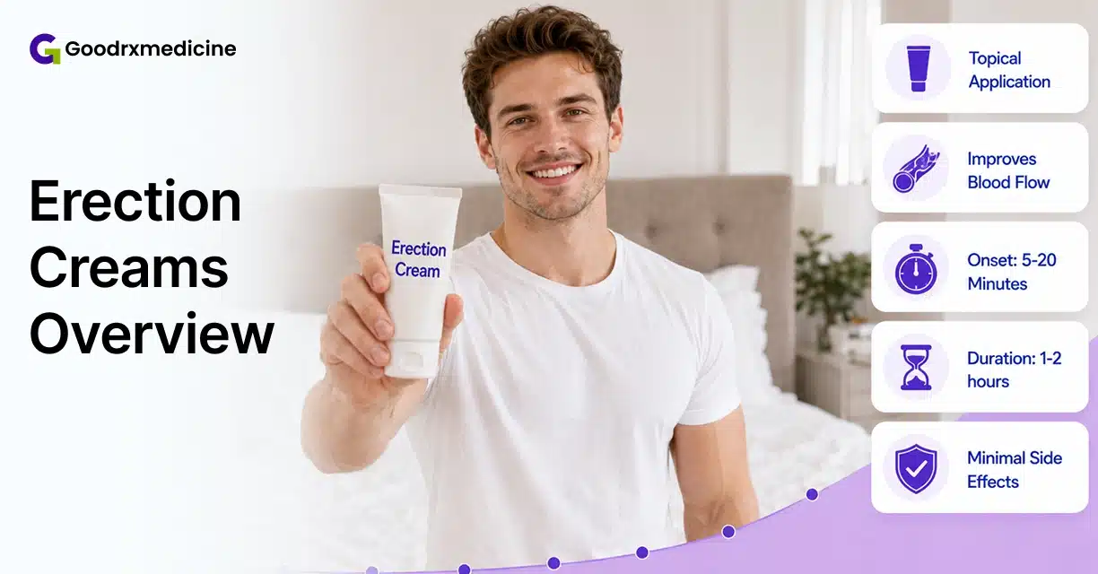 Man holding erection cream tube with topical use facts