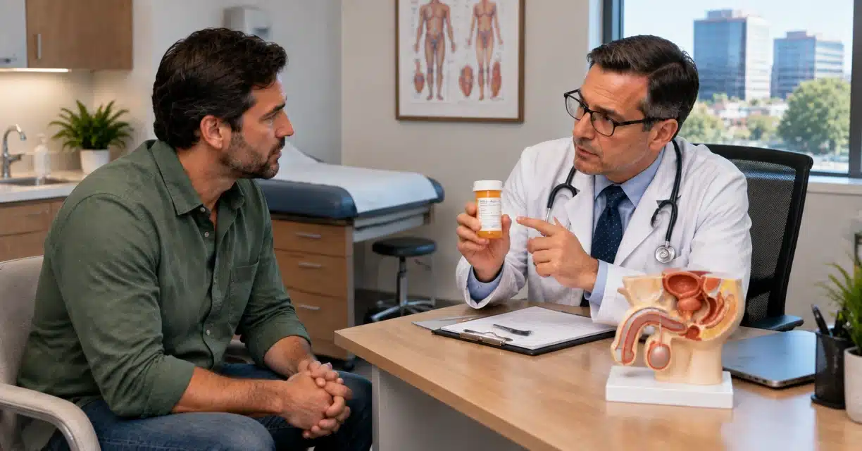 Doctor discussing erectile dysfunction treatment with man and pelvic anatomy model in Ashburn