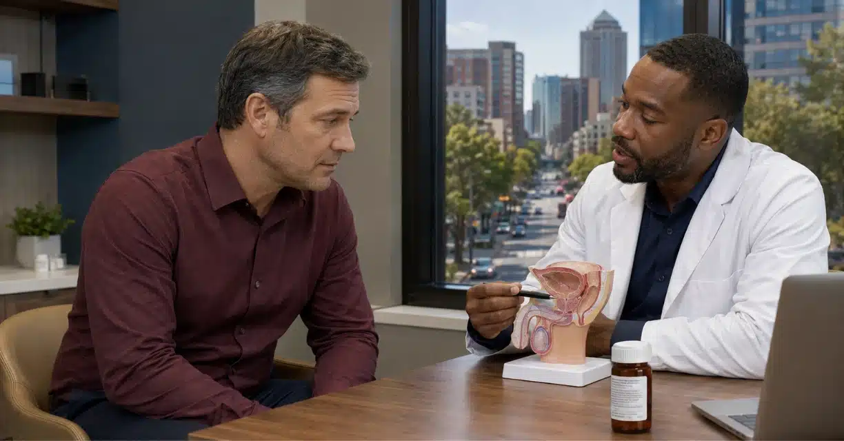 Doctor explaining erectile dysfunction treatment with pelvic model to male patient in Atlanta