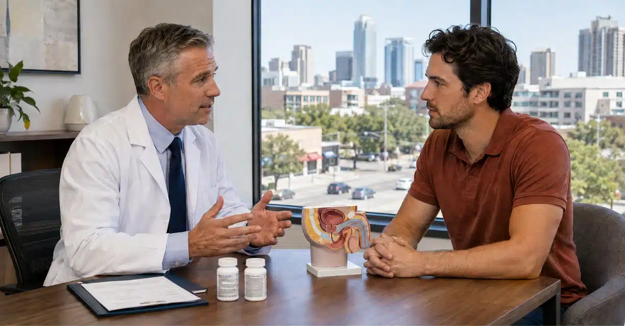 Doctor discussing erectile dysfunction treatment with male patient in Austin clinic