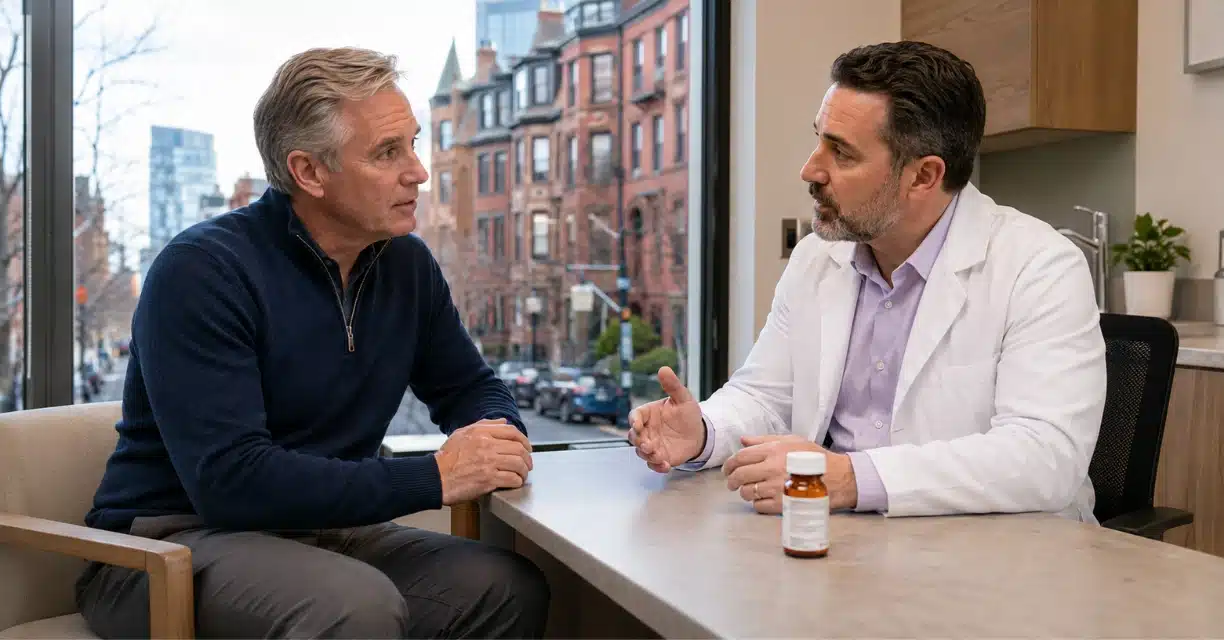 Doctor consulting older man about erectile dysfunction treatment in Boston
