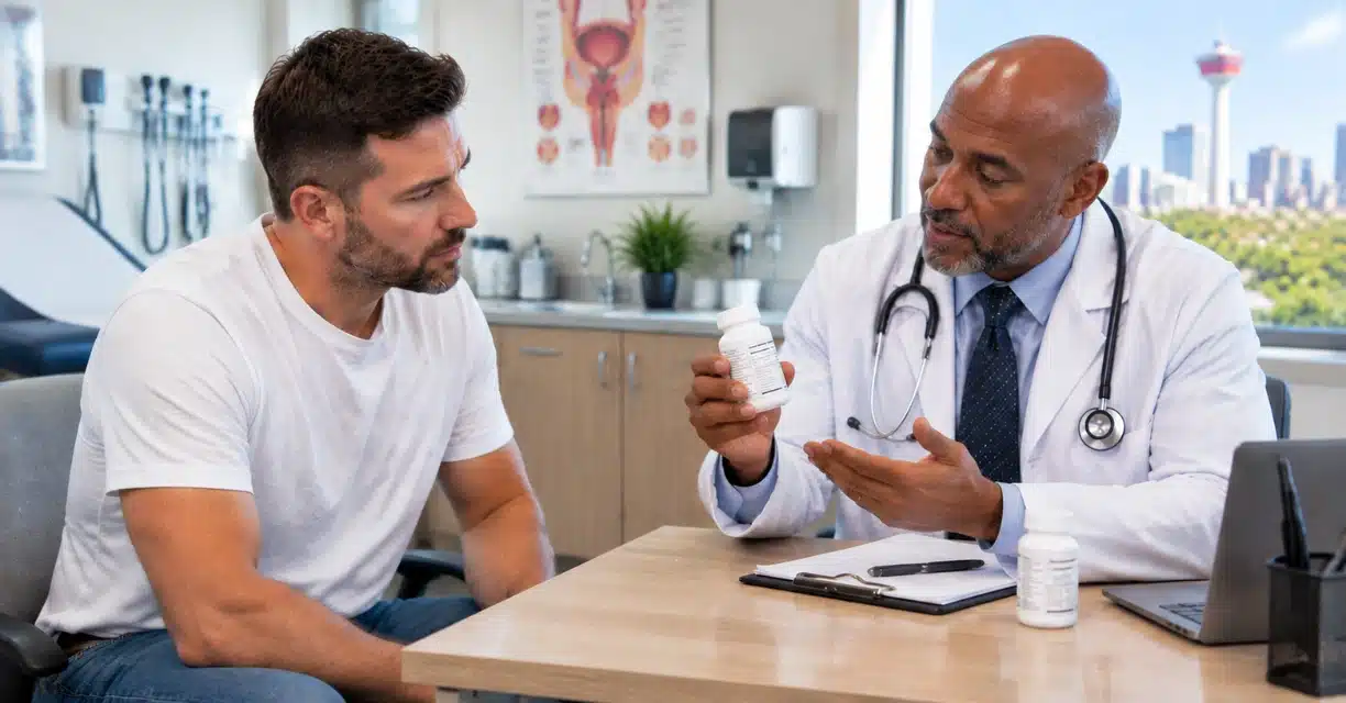 Doctor showing erectile dysfunction medication to man during Calgary consultation