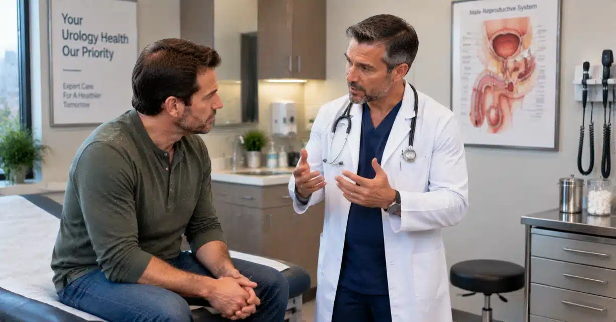 Doctor discussing erectile dysfunction treatment with man in Charlotte clinic