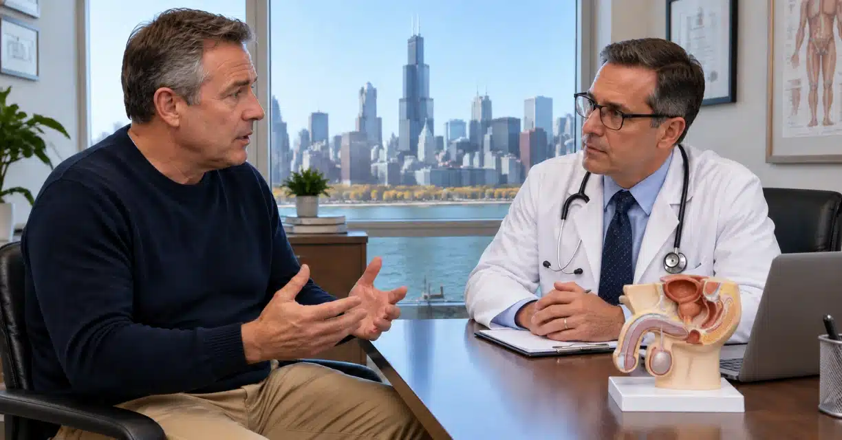 Doctor consulting older man about erectile dysfunction treatment in Chicago