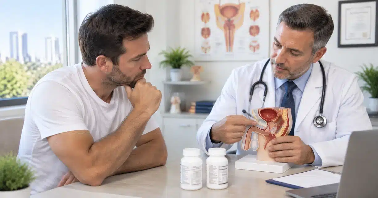 Doctor explaining erectile dysfunction treatment with pelvic anatomy model in Fort Worth