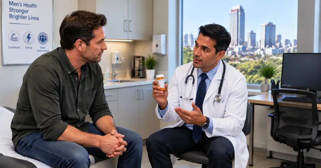 Doctor showing erectile dysfunction medication to man at Las Vegas clinic