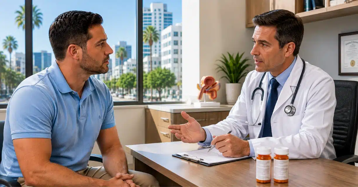 Doctor discussing erectile dysfunction treatments with male patient in Los Angeles