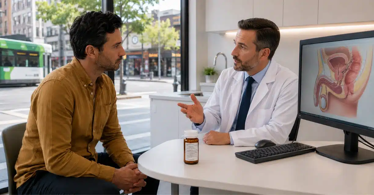 Doctor explaining erectile dysfunction treatment beside pelvic anatomy screen in Melbourne