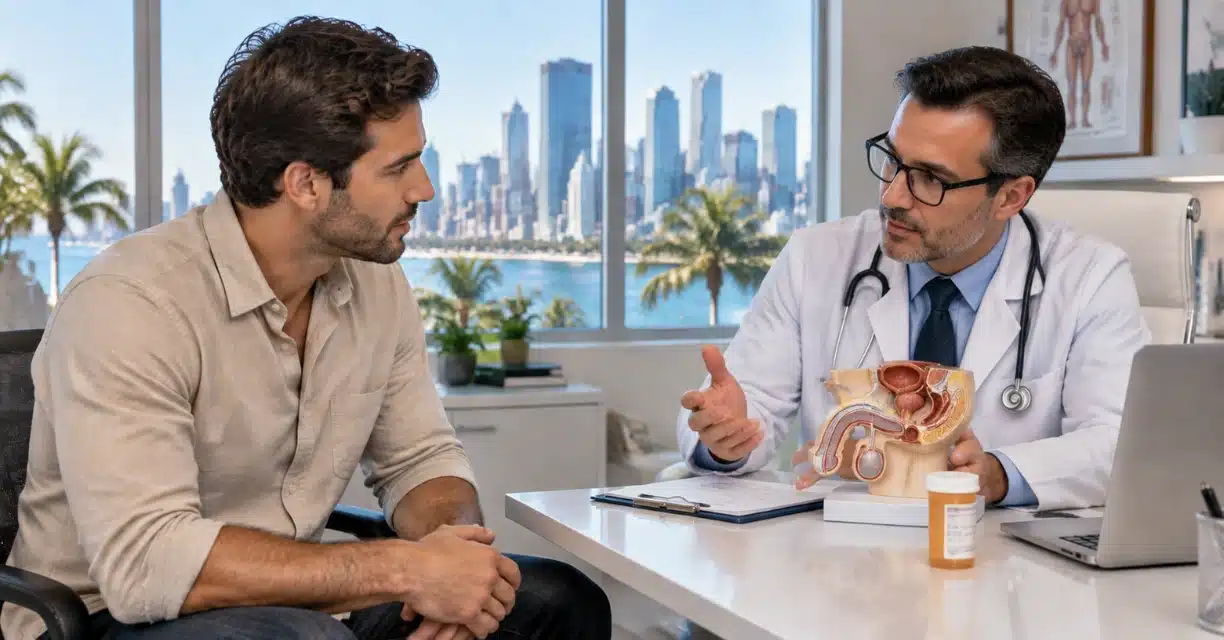 Doctor discussing erectile dysfunction treatment with man and anatomy model in Miami