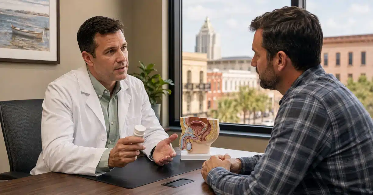 Doctor discussing erectile dysfunction medicine with male patient in Mobile