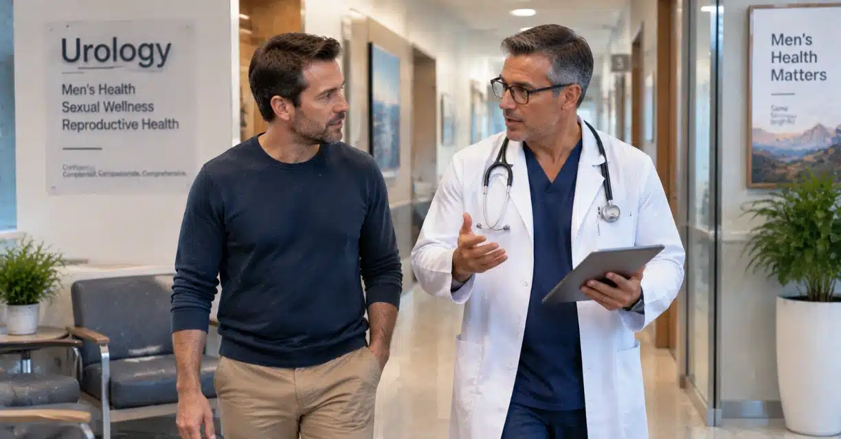 Doctor walking with male patient during erectile dysfunction consultation in Nashville