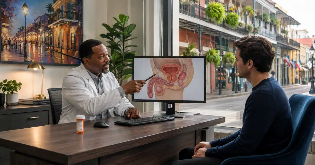 Doctor explaining erectile dysfunction treatment with anatomy display in New Orleans