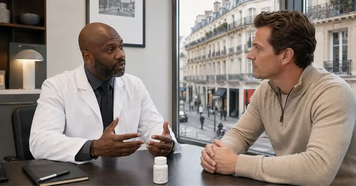 Doctor discussing erectile dysfunction treatment with male patient in Paris
