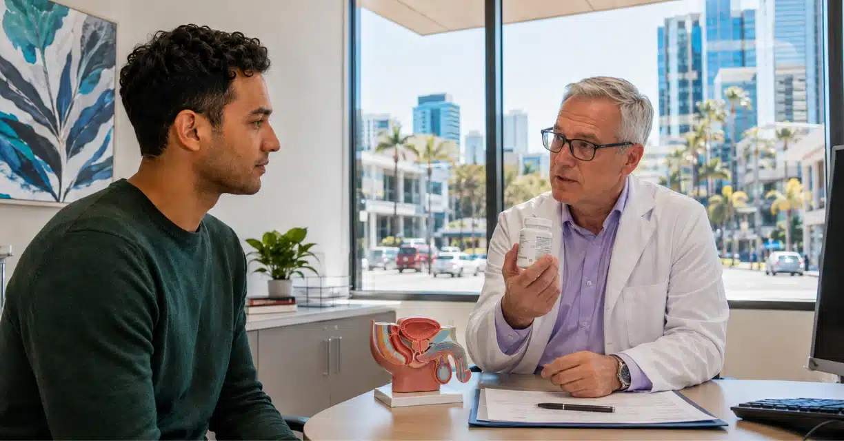 Doctor showing erectile dysfunction medicine to male patient in Perth