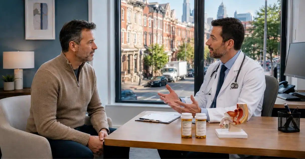 Doctor reviewing erectile dysfunction treatments with male patient in Philadelphia
