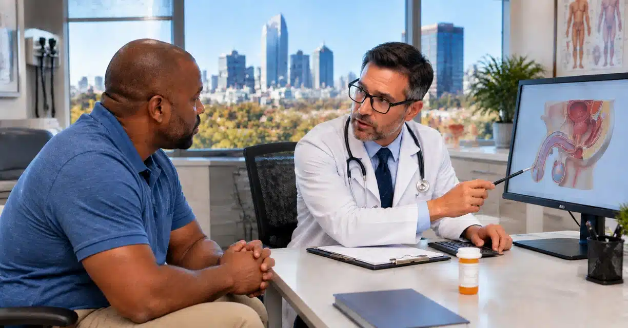 Doctor using pelvic anatomy screen to explain erectile dysfunction treatment in Raleigh