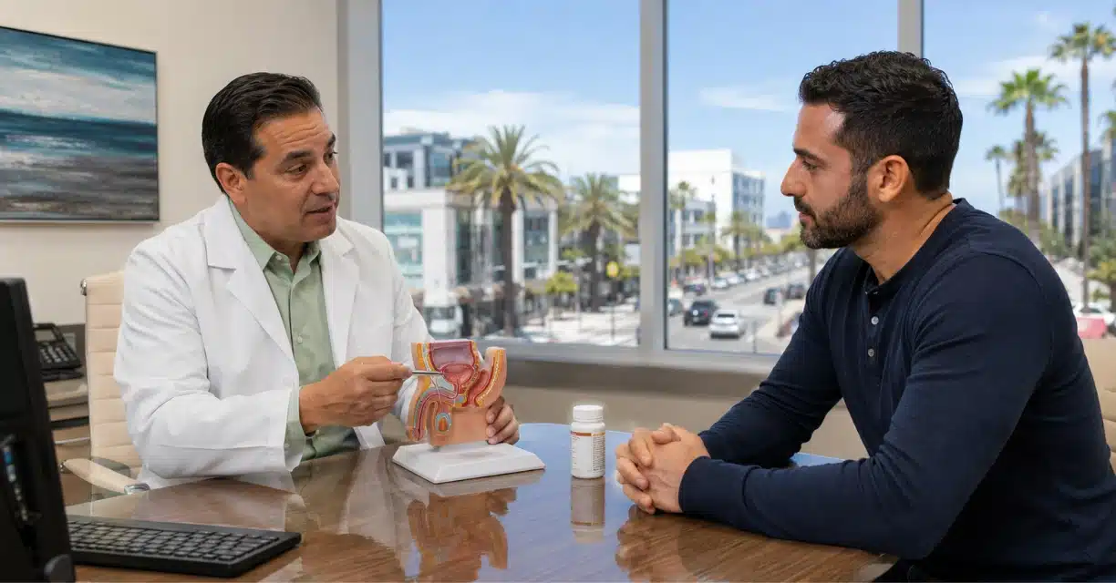 Doctor explaining erectile dysfunction treatment with pelvic model in San Diego