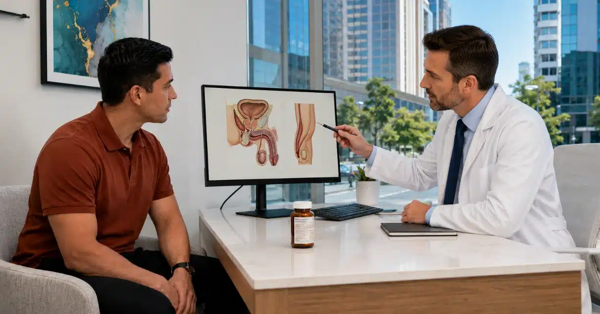 Doctor reviewing erectile dysfunction anatomy with male patient in San Jose