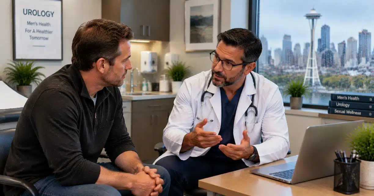 Doctor consulting man about erectile dysfunction treatment with Seattle skyline behind them