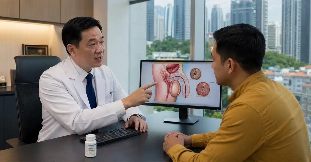 Doctor explaining erectile dysfunction treatment to male patient in Singapore