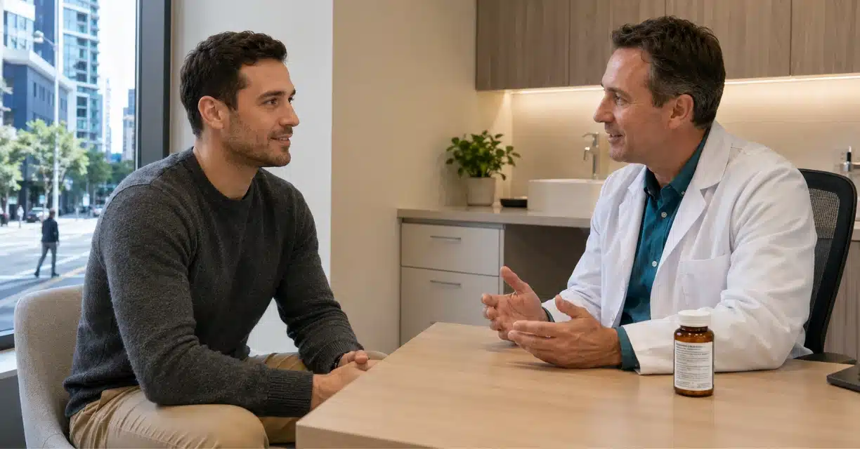 Doctor discussing erectile dysfunction medicine with male patient in Sydney