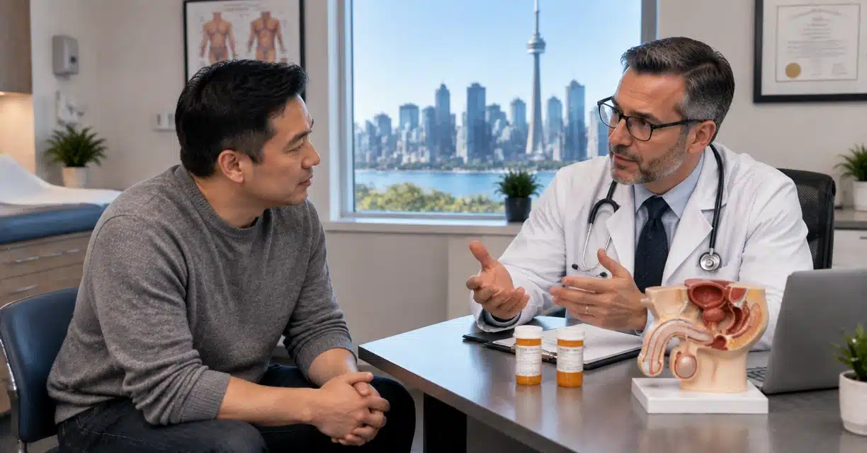 Doctor discussing erectile dysfunction treatment with man and pelvic model in Toronto