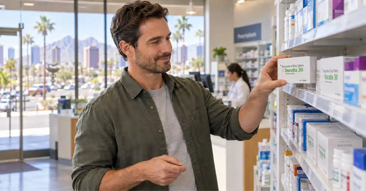 Man selecting Duratia 30 dapoxetine tablets at a Phoenix pharmacy