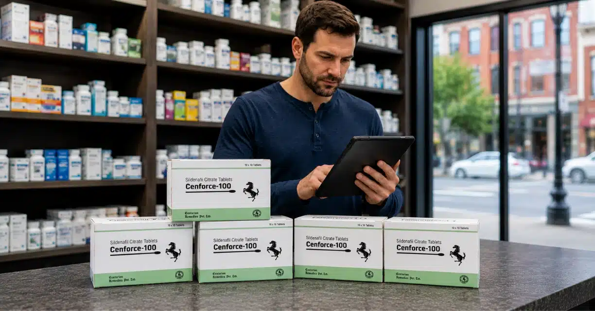 Man checking wholesale Cenforce-100 boxes in a pharmacy