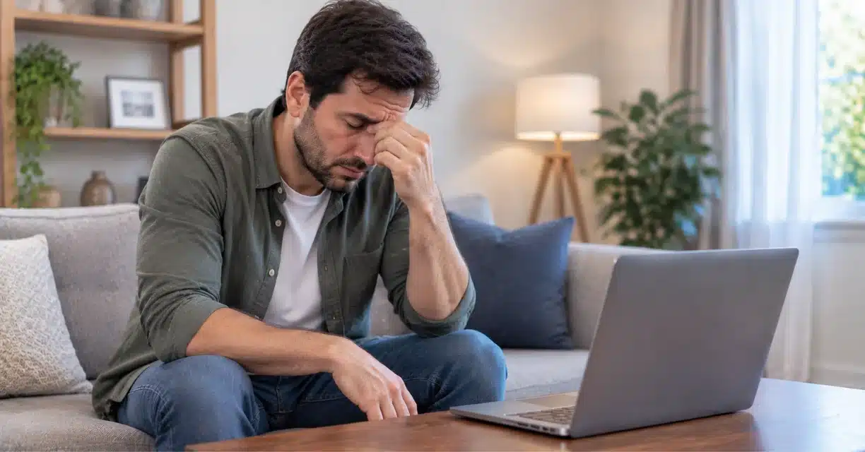 Stressed woman experiencing eye discomfort, illustrating high eye pressure