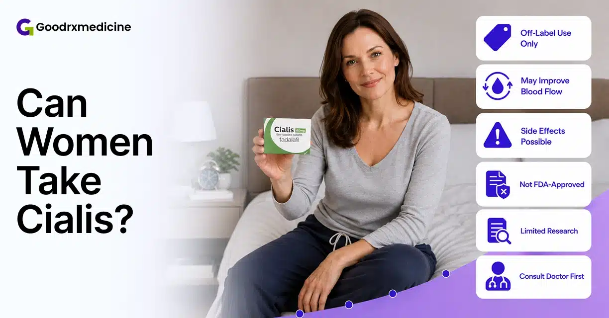 Woman holding Cialis 60 mg tadalafil box about Cialis use in women