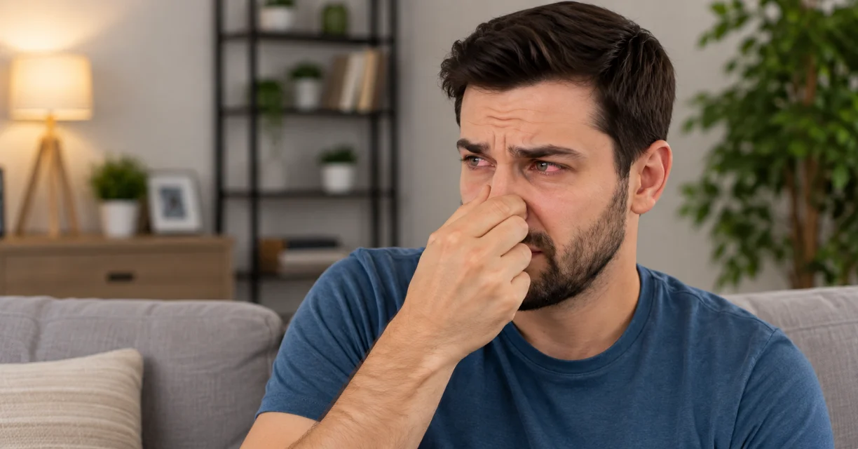 Man pinching his nose while illustrating pink eye myths