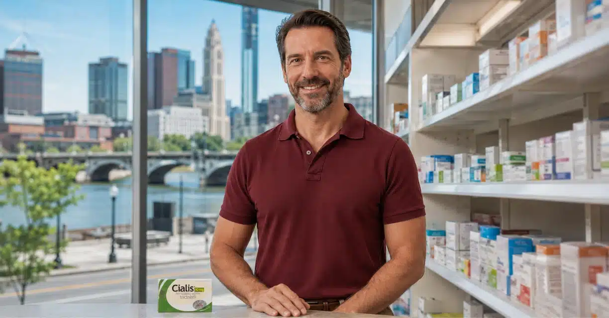 Man standing beside Cialis package at a pharmacy in Mobile