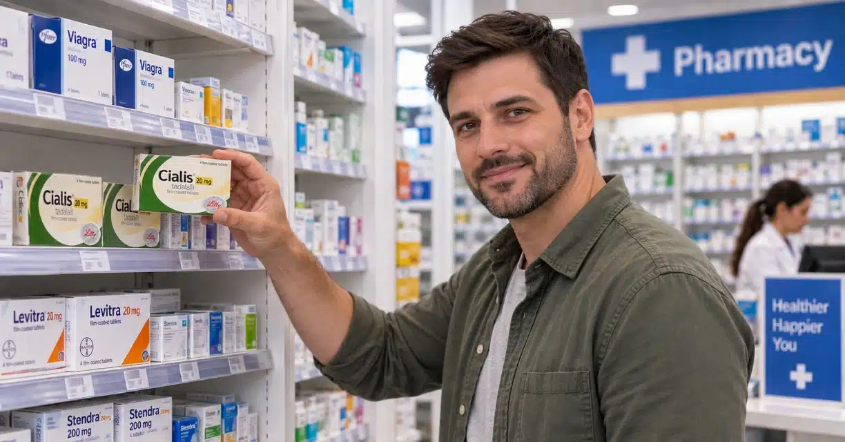 Man selecting Cialis 20 mg medicine box from pharmacy shelf in Phoenix