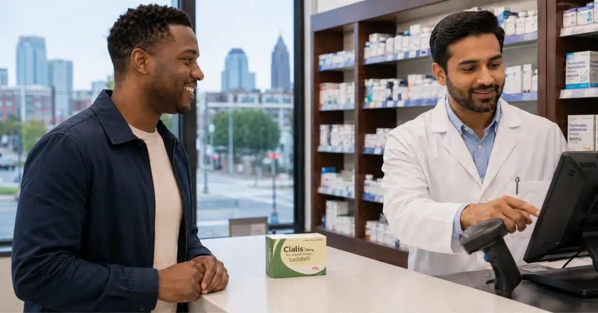 Pharmacist helping male customer buy Cialis at an Atlanta pharmacy