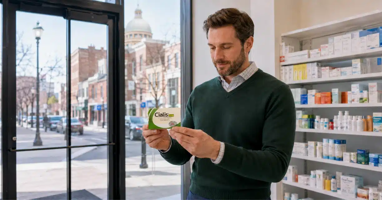 Man reading Cialis package at a Baltimore pharmacy