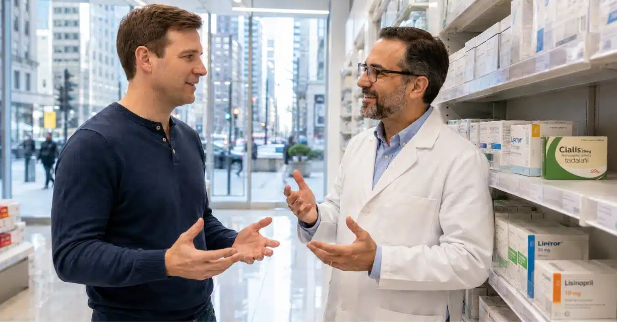 Pharmacist discussing Cialis with male customer in Chicago